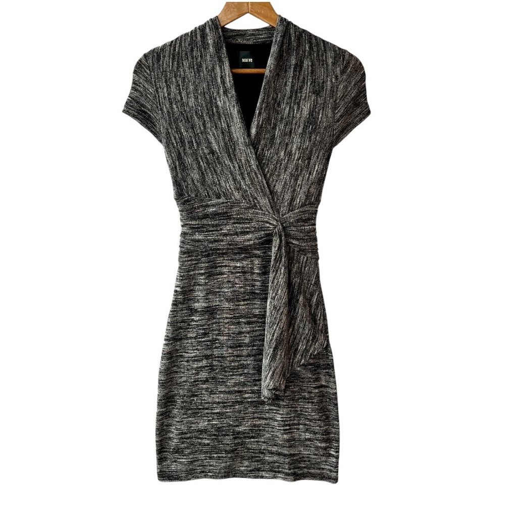Anthropologie Mauve Marled Black Gray Knit Faux Wrap Dress Stretch Heather Mini